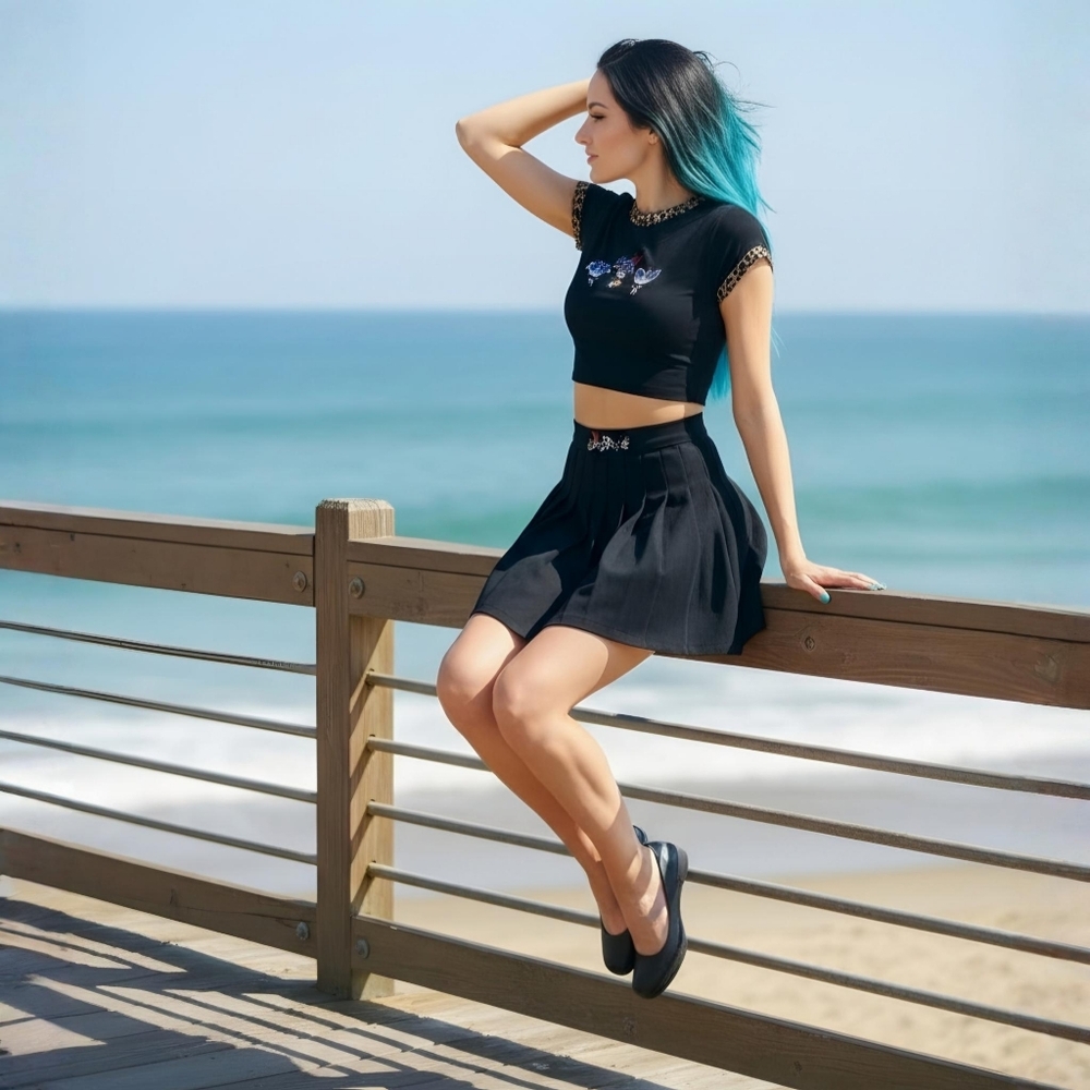 Powerpuff Girl ✦ Fly to the Rescue Pleated Mini Skirt ✦ Black Cartoon Embroidery - Picture 3 of 7